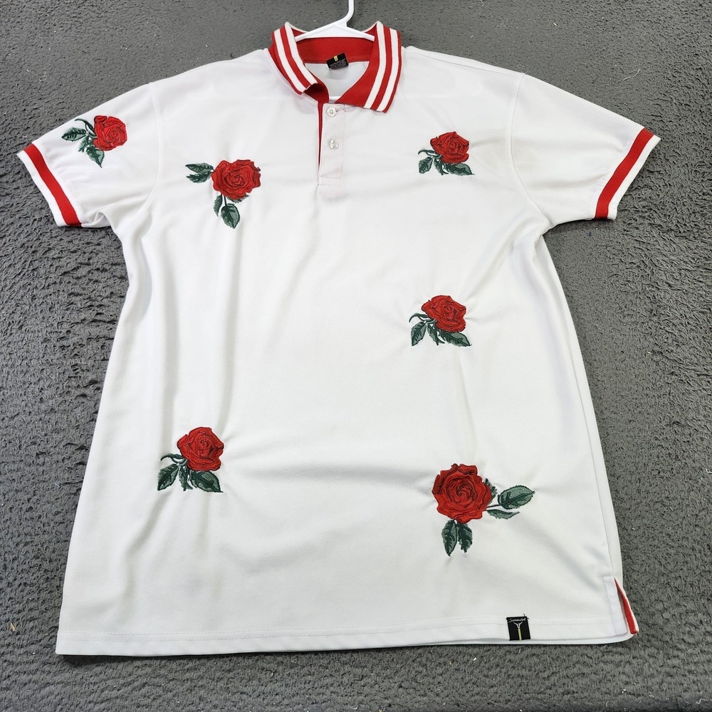 Screenshot Polo Shirt Mens XL White Rose Floral Embroidered Knit Short Sleeve